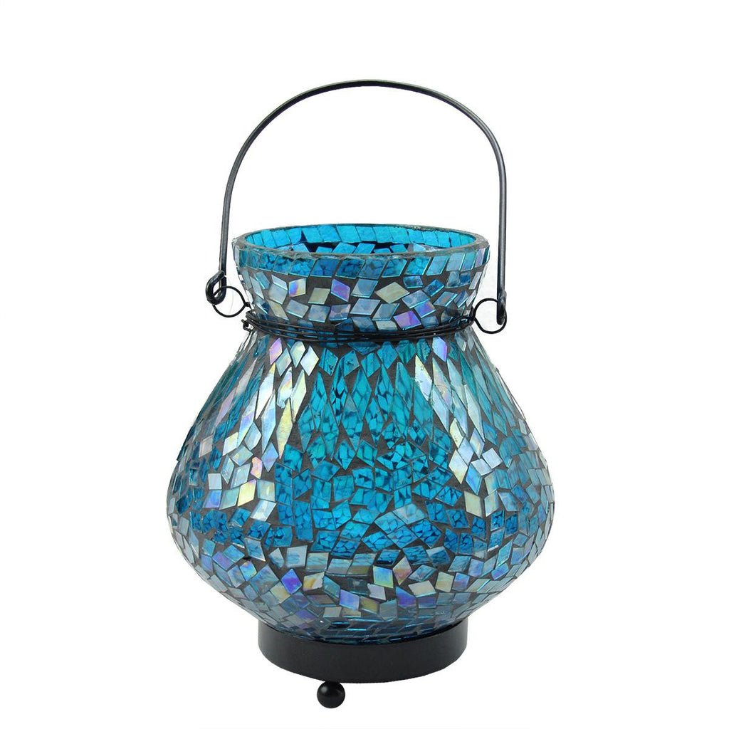 6.5" Decorative Blue Mosaic Lota Glass Summer Tea Light Candle Holder Lantern