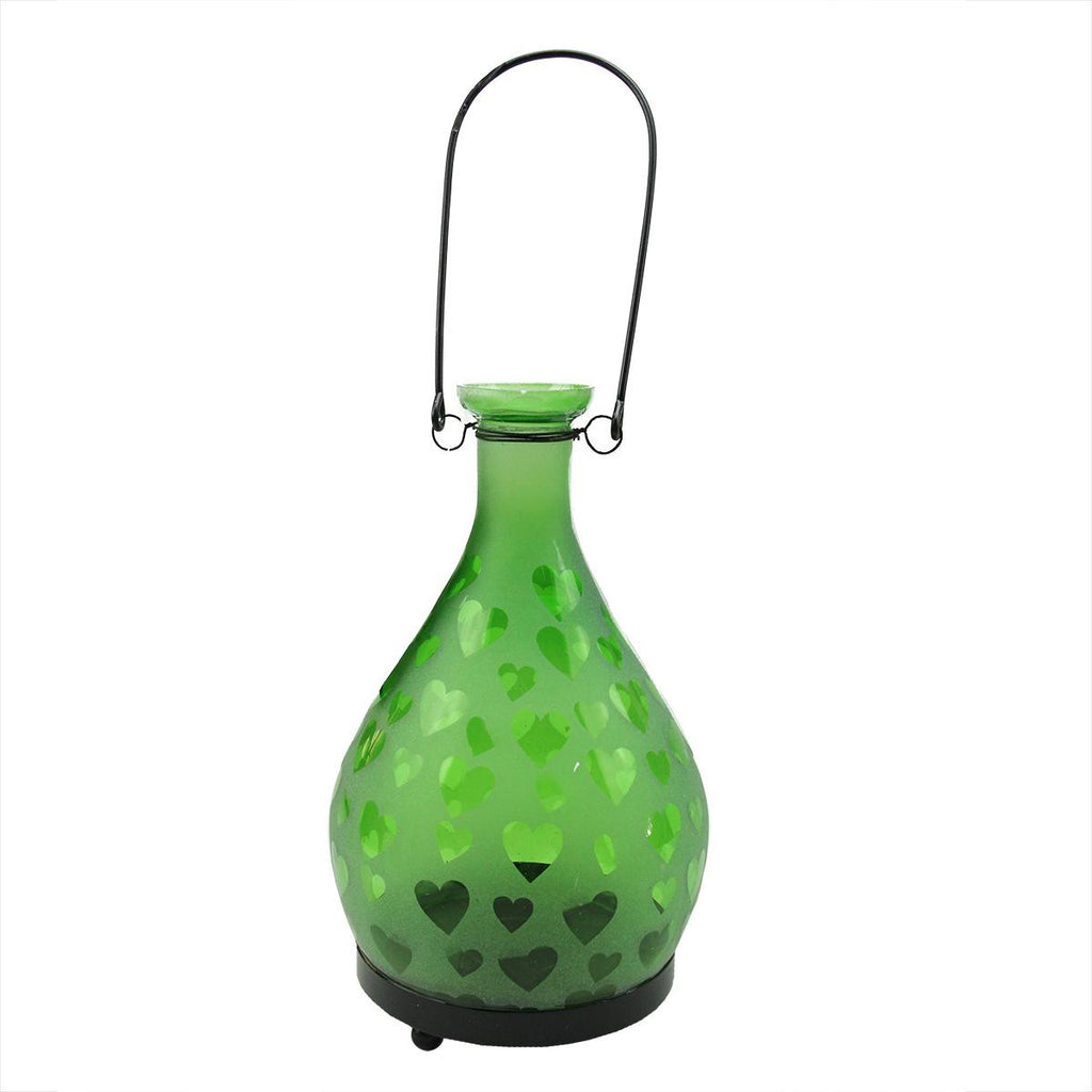 8.75" Frosted Green Hearts Glass Bottle Tea Light Candle Lantern Decoration