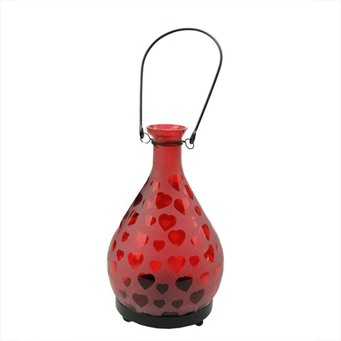 8.75" Frosted Red Hearts Glass Bottle Tea Light Candle Lantern Decoration