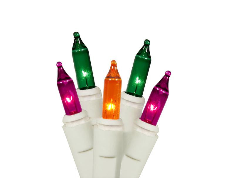 Set of 50 Purple, Green and Orange Mini Mardi Gras Christmas Lights - White Wire