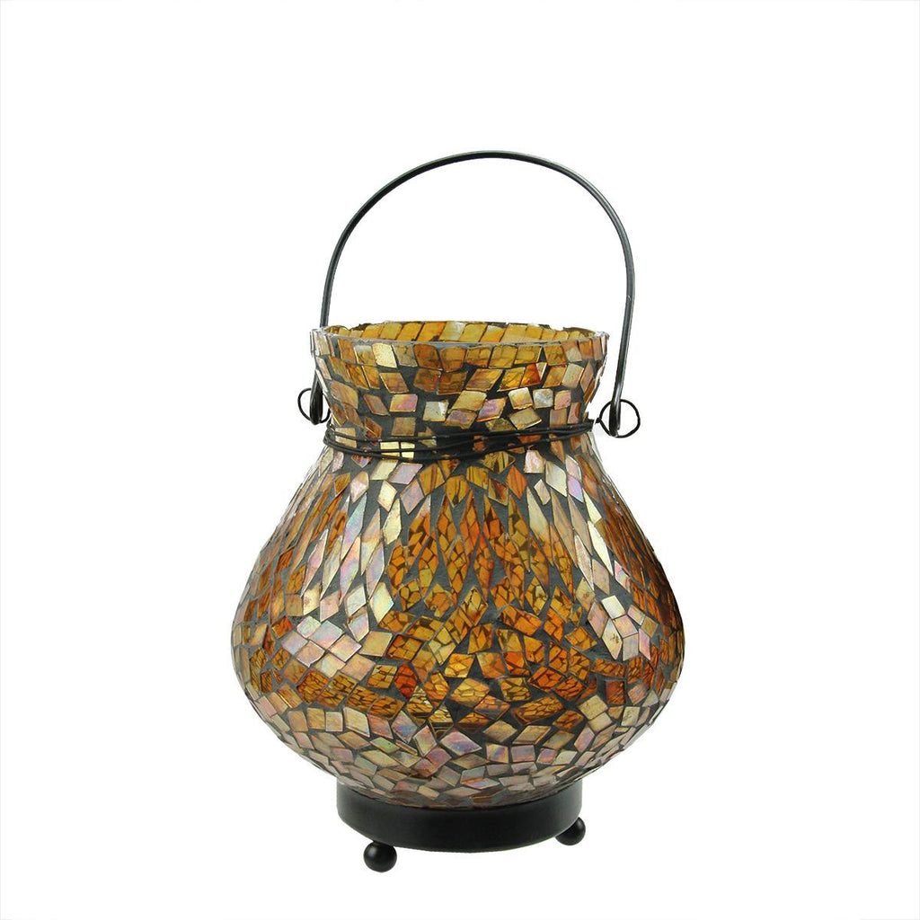 6.5" Decorative Amber Mosaic Lota Glass Summer Tea Light Candle Holder Lantern