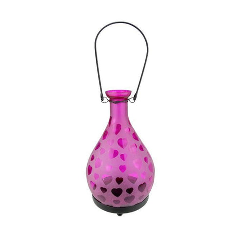 8.75" Frosted Pink Hearts Glass Bottle Tea Light Candle Lantern Decoration