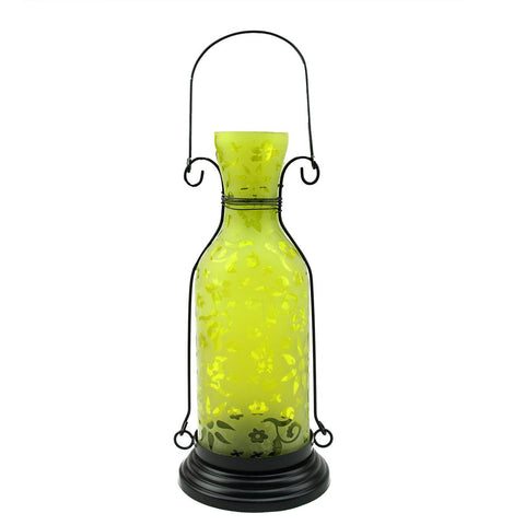 12" Transparent Yellow Decorative Glass Bottle Tea Light Candle Lantern with Flower Etching