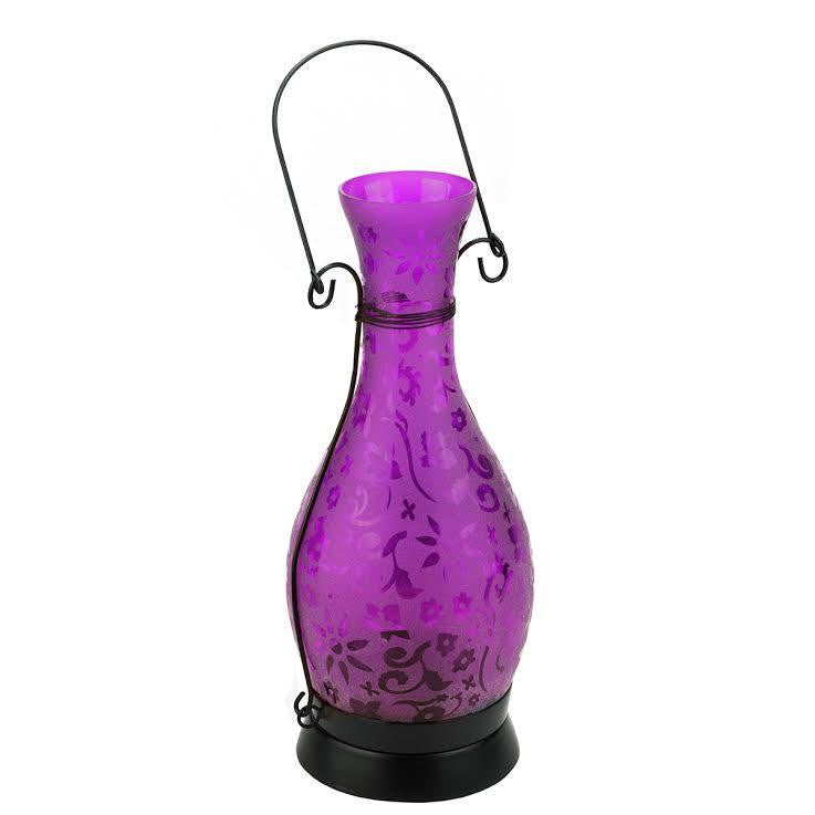 12.5" Transparent Purple Decorative Glass Bottle Tea Light Candle Lantern with Flower Etching