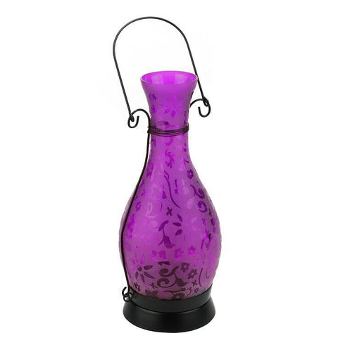 12.5" Transparent Purple Decorative Glass Bottle Tea Light Candle Lantern with Flower Etching