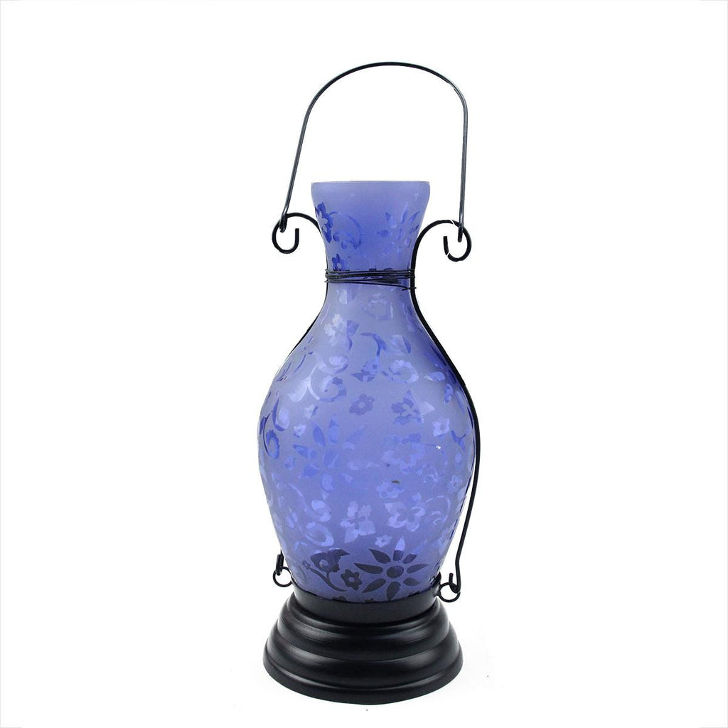 11.75" Transparent Blue Decorative Glass Bottle Tea Light Candle Lantern with Flower Etching