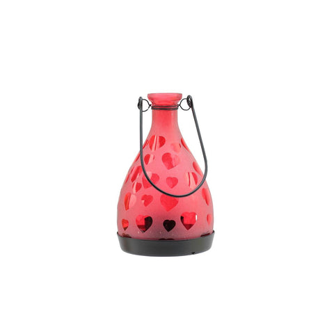 6.25" Frosted Red Hearts Glass Bottle Tea Light Candle Lantern Decoration