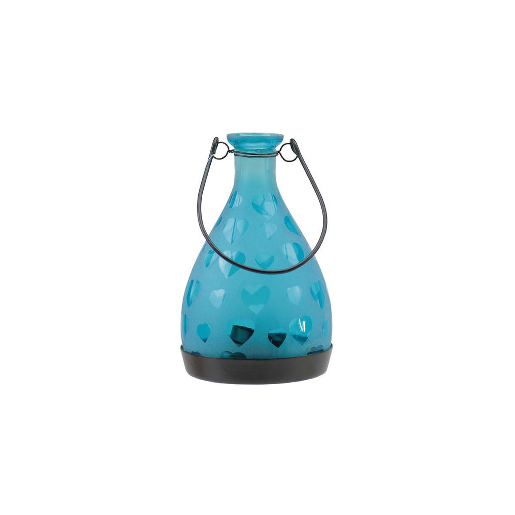 6.25" Frosted Blue Hearts Glass Bottle Tea Light Candle Lantern Decoration