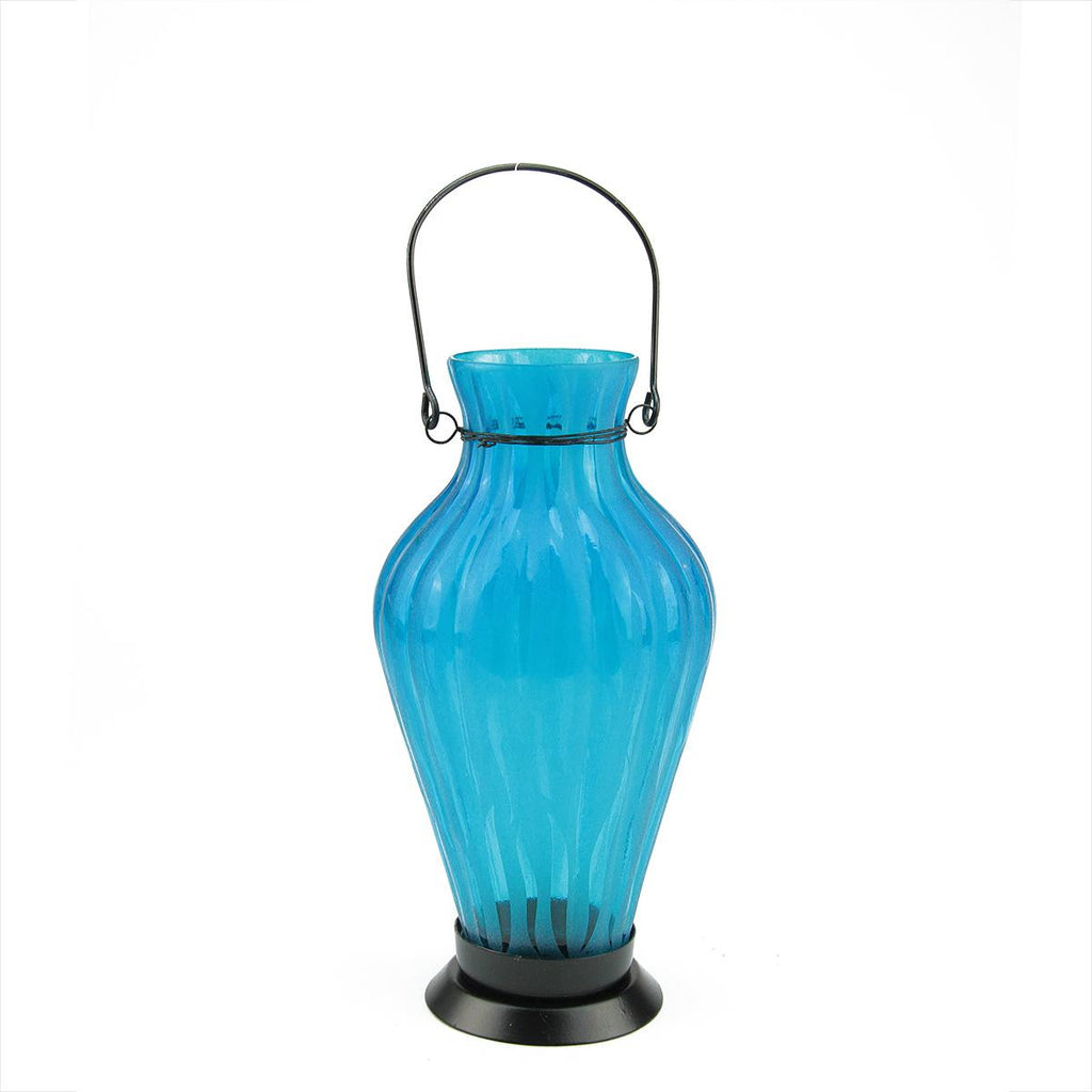 9.5" Frosted Blue Ribbed Vase Glass Bottle Tea Light Candle Lantern Decoration