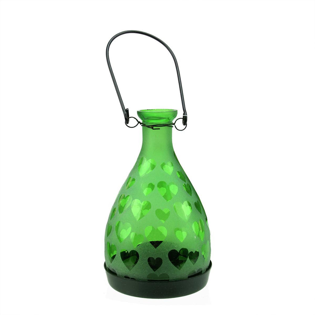 6.25" Frosted Green Hearts Glass Bottle Tea Light Candle Lantern Decoration