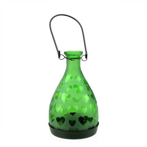 6.25" Frosted Green Hearts Glass Bottle Tea Light Candle Lantern Decoration