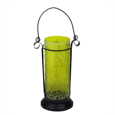 11.5" Decorative Yellow Glass Hurricane Tea Light Candle Holder Lantern with Flower Etching