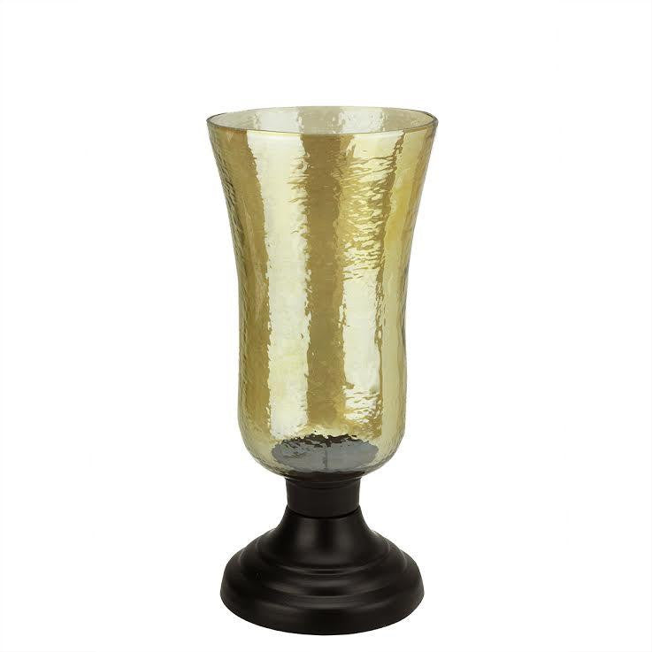 15.5" Decorative Golden Luster Hurricane Pillar Candle Holder with Black Base