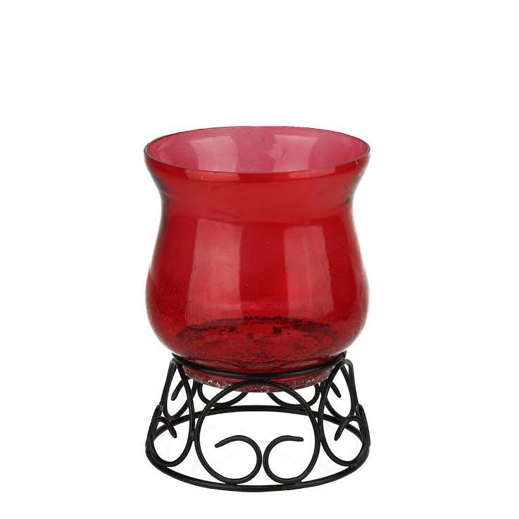 7.5" Decorative Transparent Red Crackle Finish Glass Pillar Candle Holder with Black Scroll Base