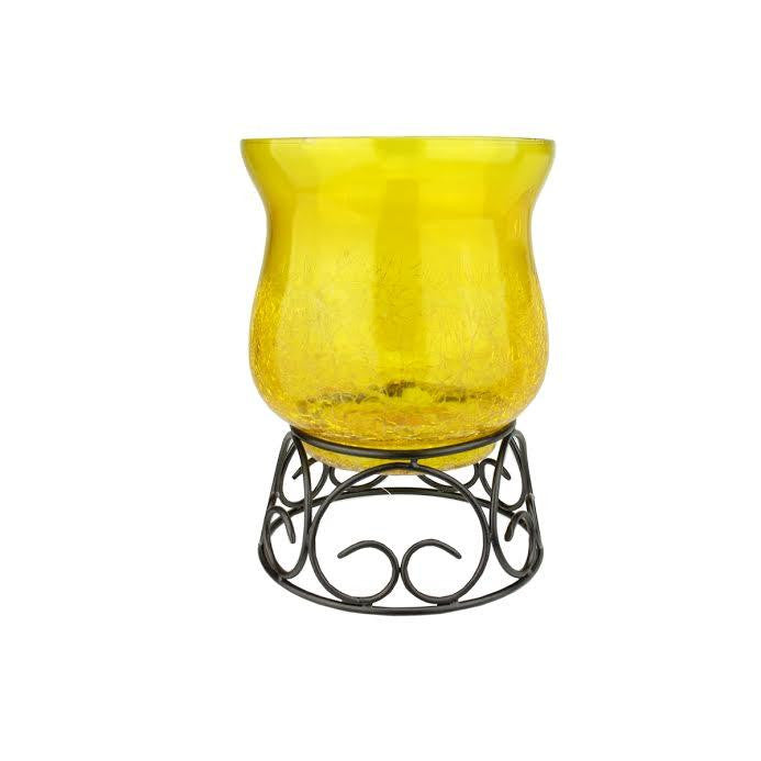 7.5" Decorative Transparent Yellow Crackle Finish Glass Pillar Candle Holder with Black Scroll Base