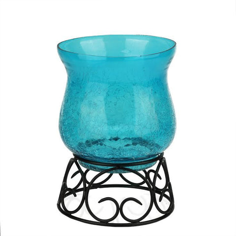 7.5" Decorative Transparent Blue Crackle Finish Glass Pillar Candle Holder with Black Scroll Base