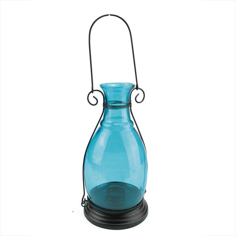 10.5" Transparent Blue Decorative Glass Bottle Vase Tea Light Candle Lantern