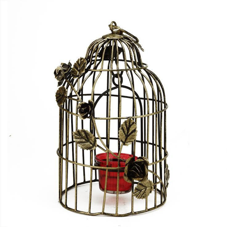 10" Decorative Antique Gold Finish Birdcage Tea Light Candle Holder Lantern with Rose Flowers