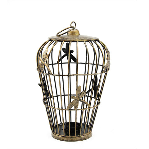 12" Decorative Copper Finish Birdcage Tea Light Candle Holder Lantern with Dragonfly Accents