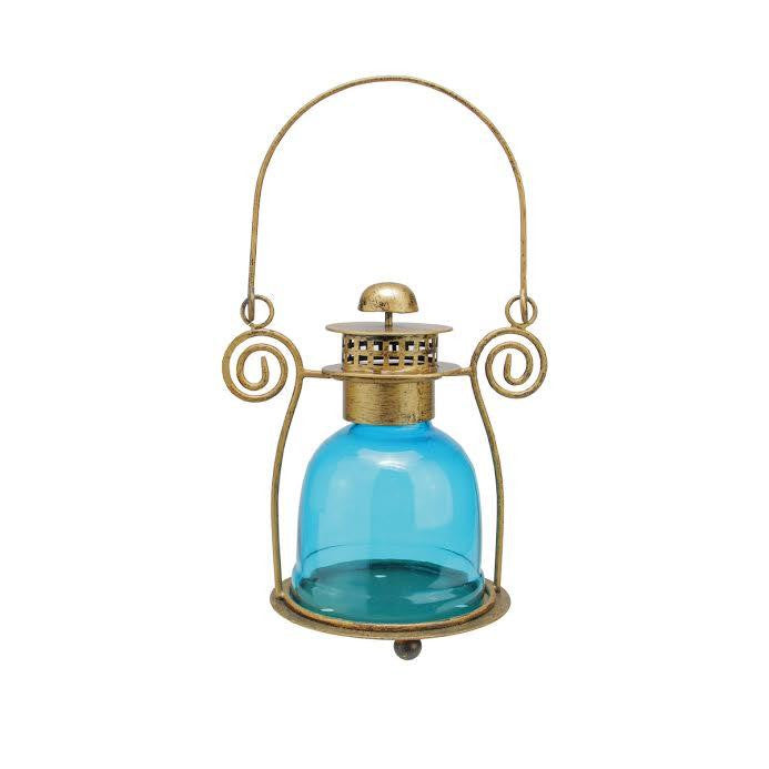 7.5" Decorative Blue Glass Bell Tea Light Candle Holder Lantern