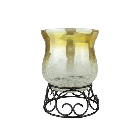 7.5" Decorative Golden Luster Crackle Finish Glass Pillar Candle Holder with Black Scroll Base