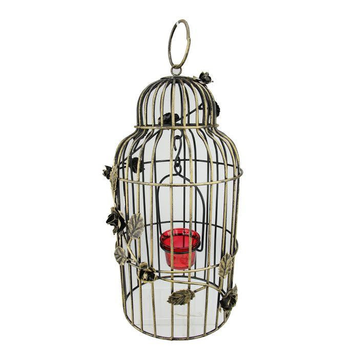 15" Decorative Antique Gold Finish Birdcage Tea Light Candle Holder Lantern with Rose Flowers