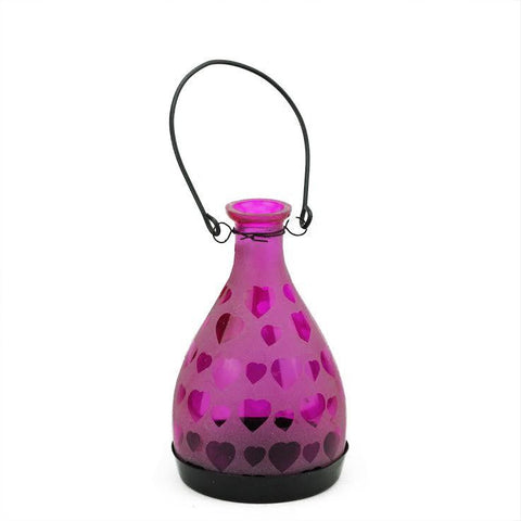 6.25" Frosted Pink Hearts Glass Bottle Tea Light Candle Lantern Decoration