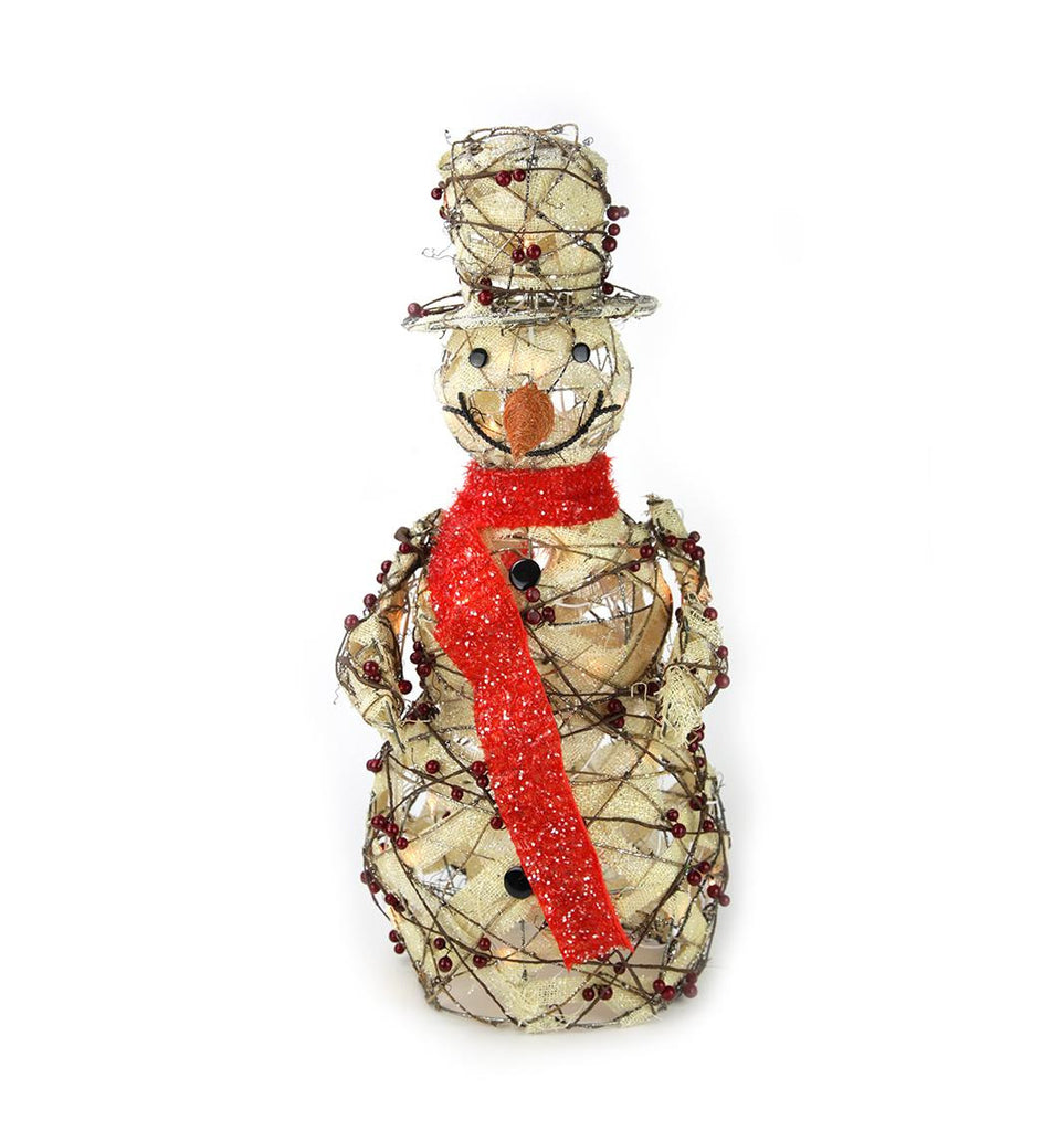 27.5" Lighted Burlap and Berry Rattan Standing Snowman Christmas Yard Art Decoration