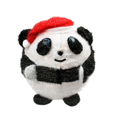 20" Lighted 3-D Chenille Chubby Panda Bear in Santa Hat Outdoor Christmas Yard Art Decoration