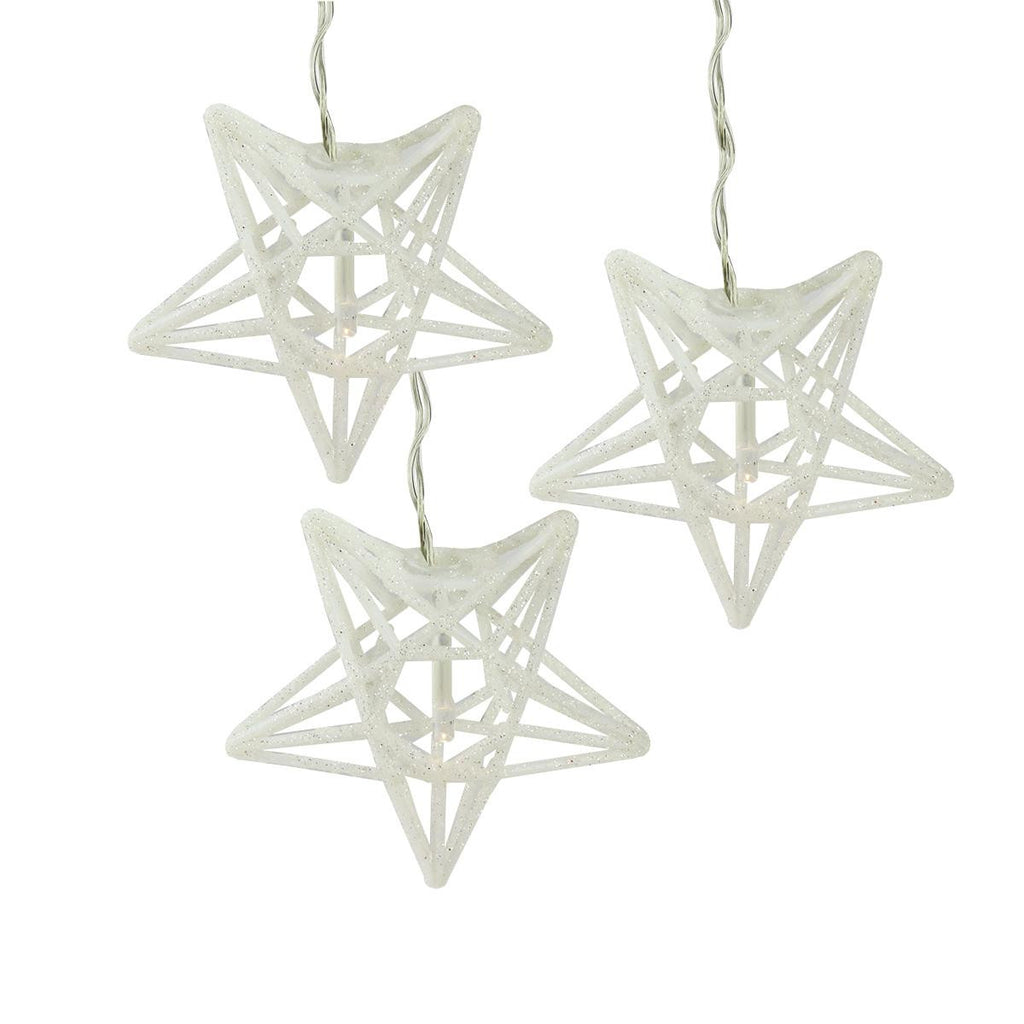 Set of 10 Battery Operated Sparkling White Glittered Star Clear Christmas Lights - Silver Wire