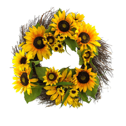 22" Decorative Yellow Silk Sunflower and Twig Artificial Spring Floral Wreath