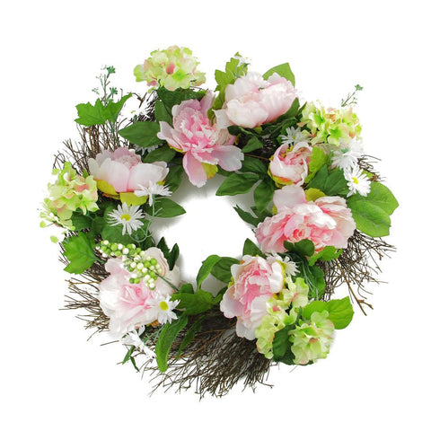 22" Decorative Pink & Green Silk Hydrangea & Peony Flower Artificial Spring Floral Wreath