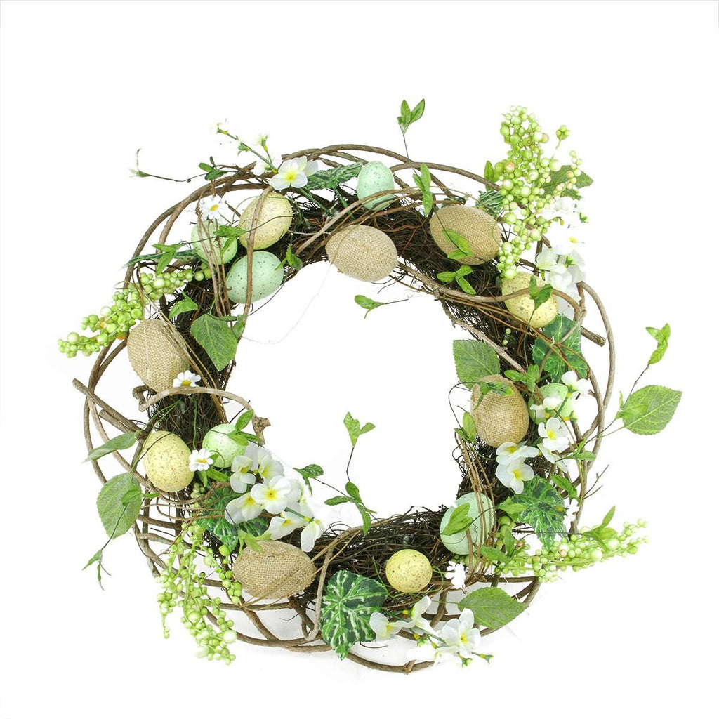 20" Decorative Spring Floral and Berry Artificial Burlap and Speckled Easter Egg Wreath