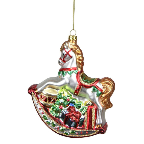 5.25" White Glittered Traditional Rocking Horse with Gifts Glass Christmas Ornament