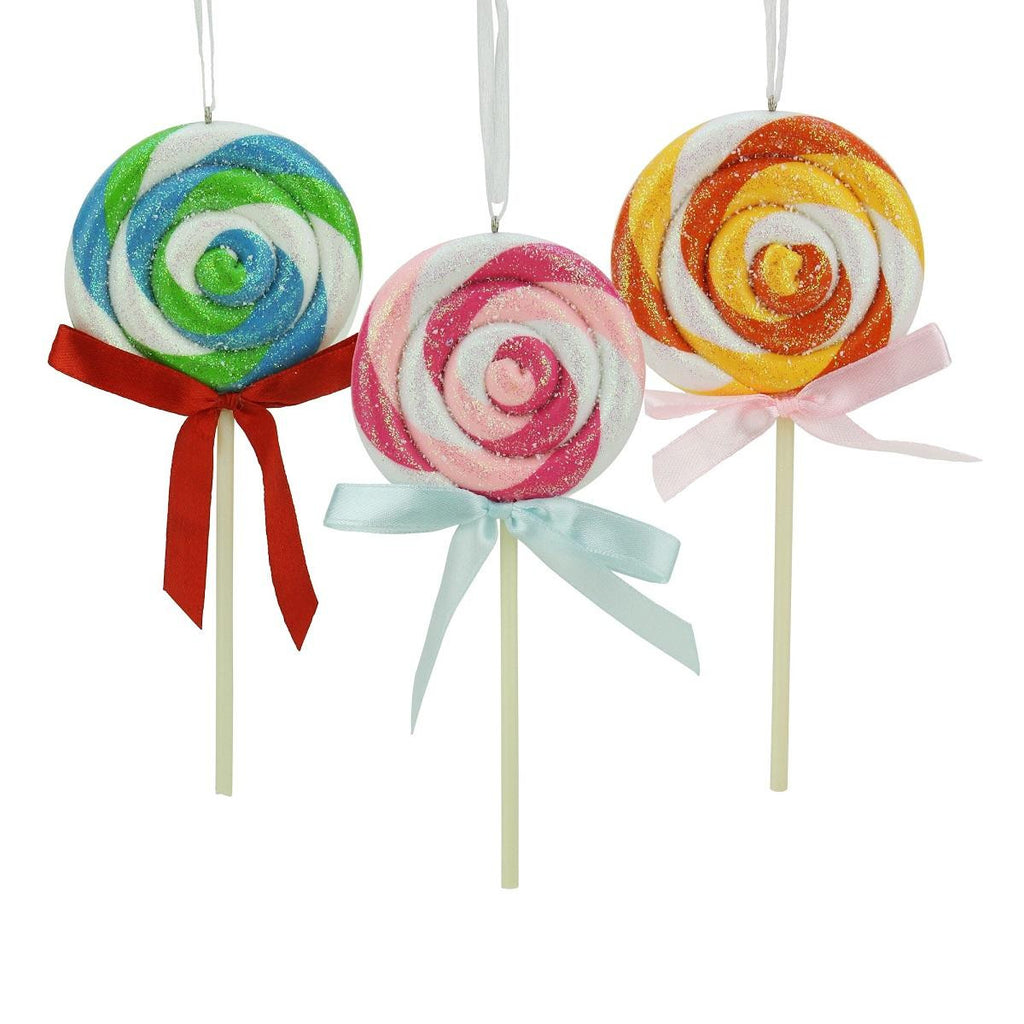 6" Pink and White Glitter Twist Lollipop with Blue Bow Christmas Ornament