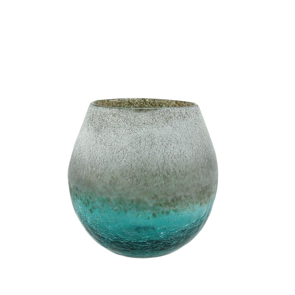 5.5" Teal Blue Crackled and Brown Frosted Hand Blown Decorative Glass Vase