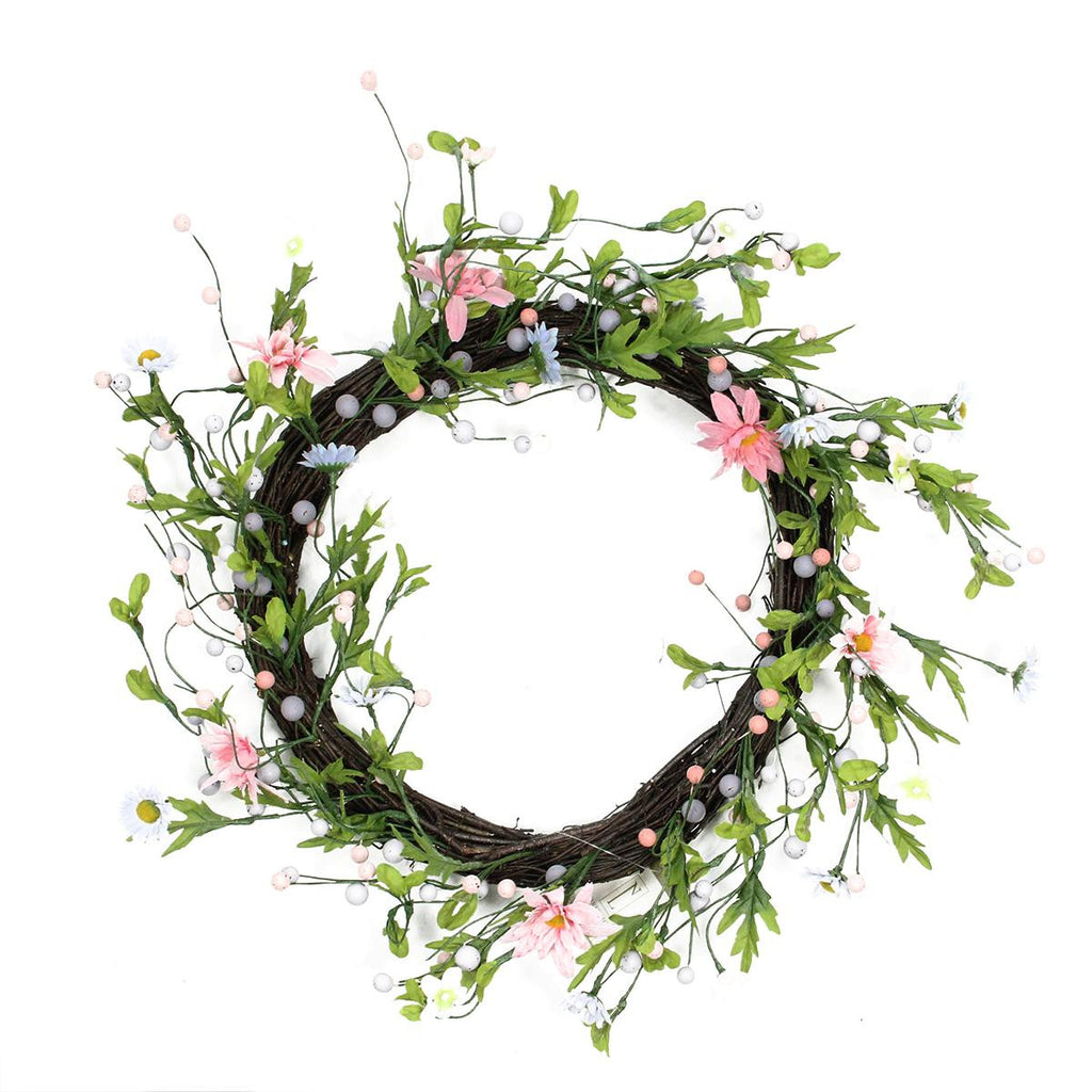 15" Green, Pink and Purple Decorative Artificial Spring Floral Twig Wreath - Unlit