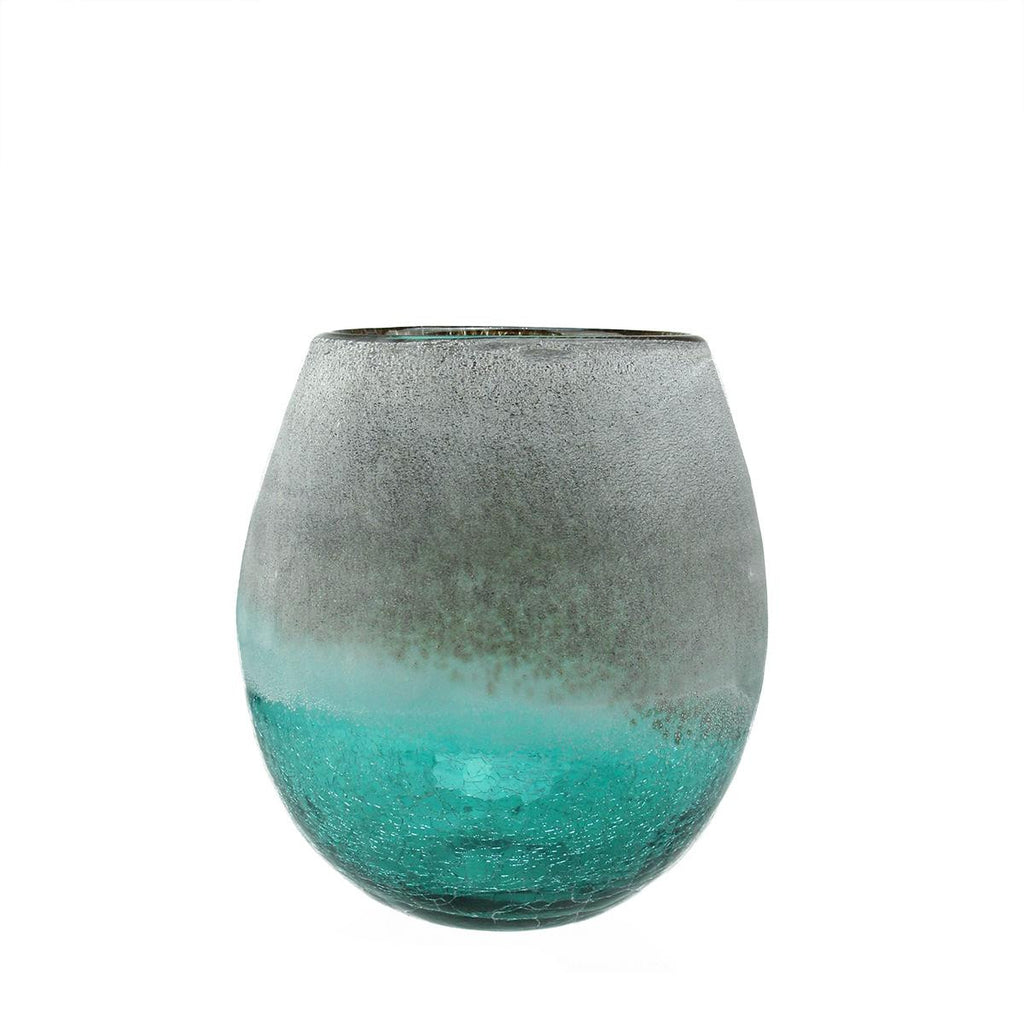 8" Teal Blue Crackled and Brown Frosted Hand Blown Decorative Glass Vase