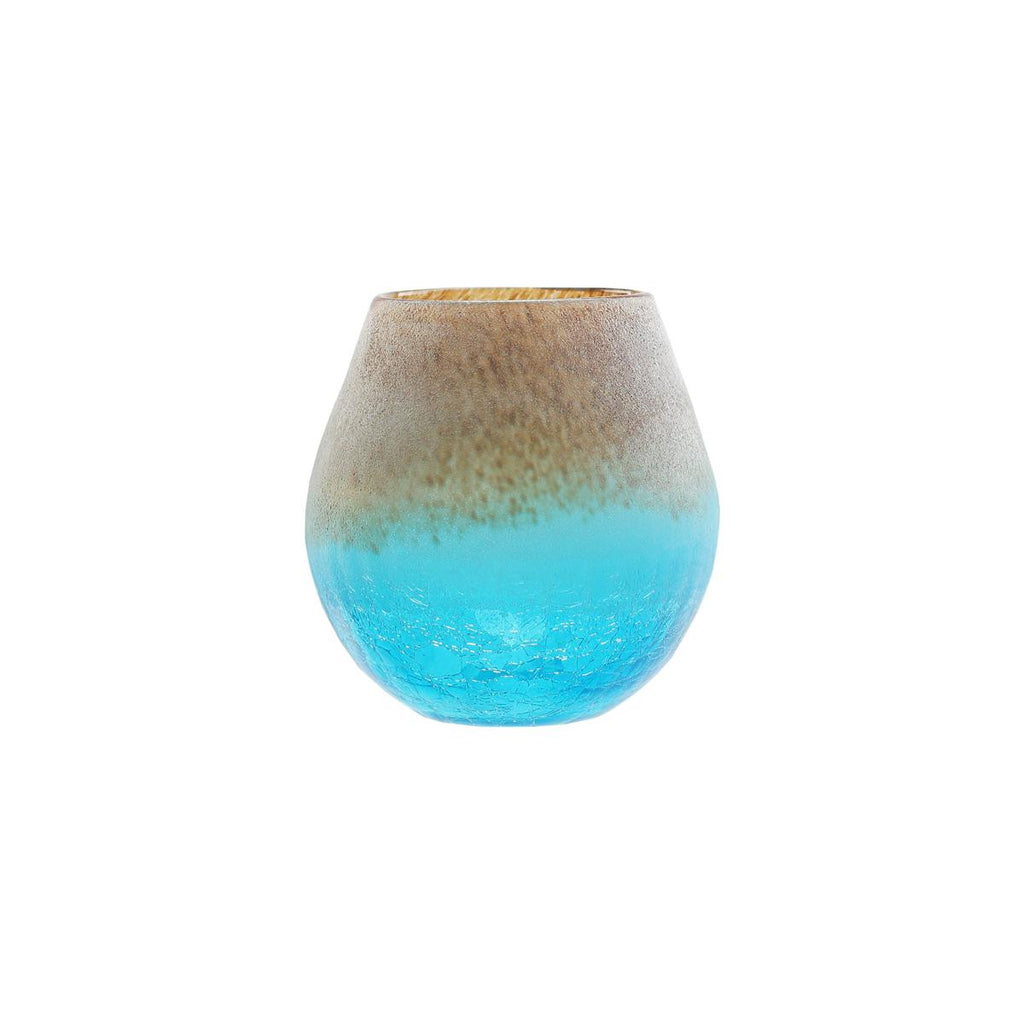 5.5" Azure Blue Crackled and Chocolate Brown Frosted Hand Blown Glass Vase