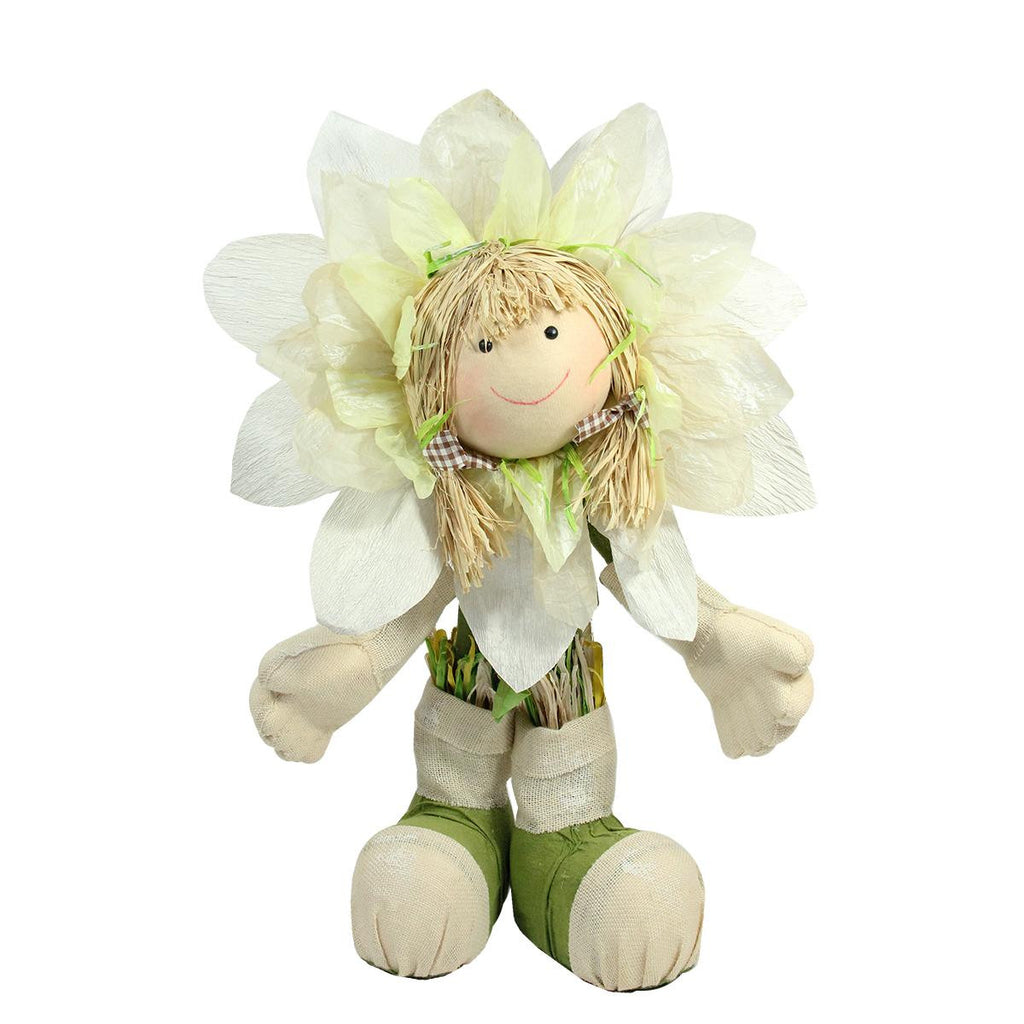 29" Ivory, Green and Yellow Spring Floral Standing Sunflower Girl Decorative Figure