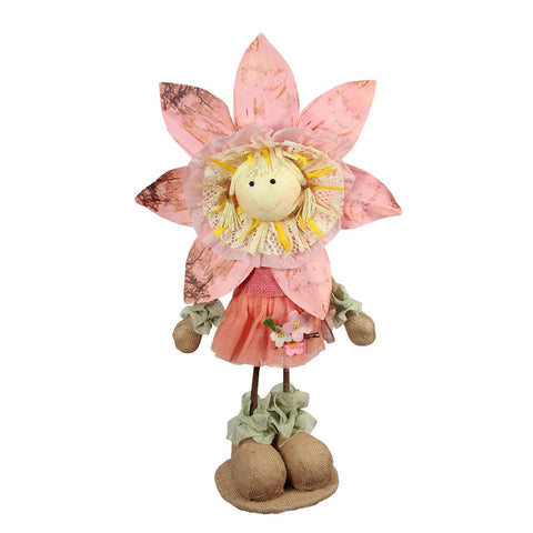 21.5" Pink, Tan and Light Green Spring Floral Standing Sunflower Girl Decorative Figure