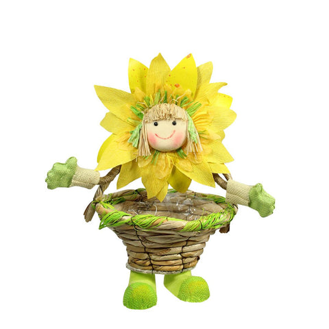 15'' Yellow, Green and Tan Spring Floral Sunflower Girl with Basket Decorative Figure