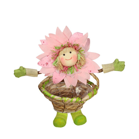 15" Pink, Green and Tan Spring Floral Sunflower Girl with Basket Decorative Figure