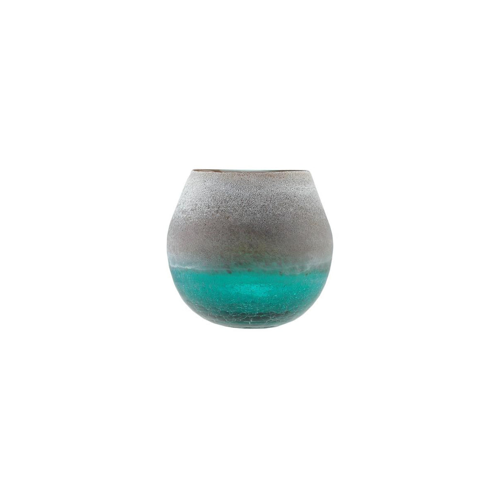 6" Teal Blue Crackled and Brown Frosted Hand Blown Decorative Glass Vase