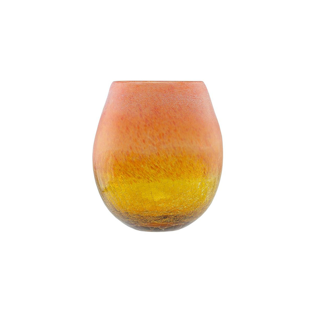 8" Amber Yellow Crackled and Coral Frosted Hand Blown Glass Vase