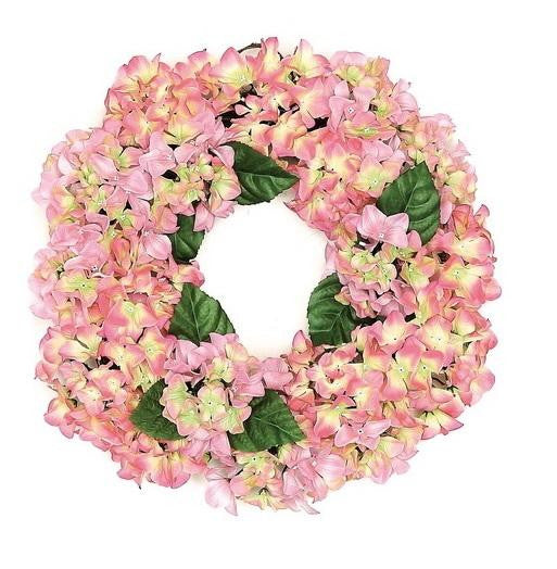 22" Decorative Pink and Green Artificial Floral Hydrangea Wreath - Unlit