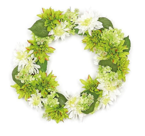 22" Decorative Cream White and Green Artificial Floral Dahlia and Hydrangea Wreath - Unlit