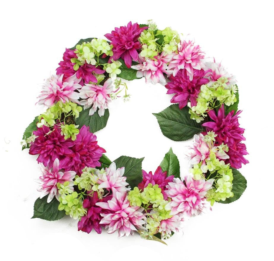 22" Decorative Fuchsia Pink and Cream White Artificial Floral Dahlia and Hydrangea Wreath - Unlit