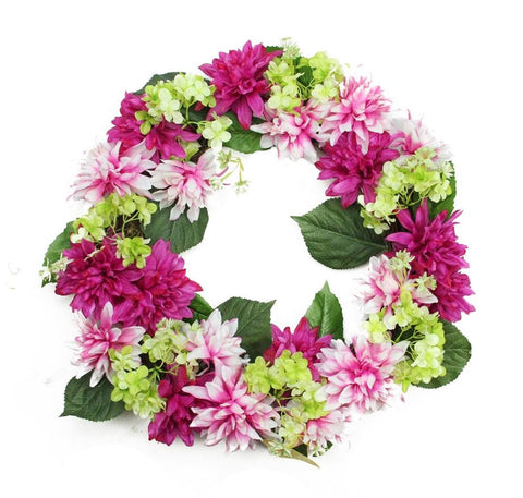 22" Decorative Fuchsia Pink and Cream White Artificial Floral Dahlia and Hydrangea Wreath - Unlit