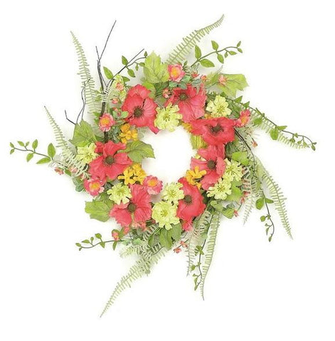 24" Decorative Red Poppy and Orange Wildflowers Artificial Floral Wreath - Unlit